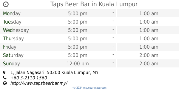 🕗 Taps Beer Bar Kuala Lumpur opening times, 1, Jalan Nagasari 