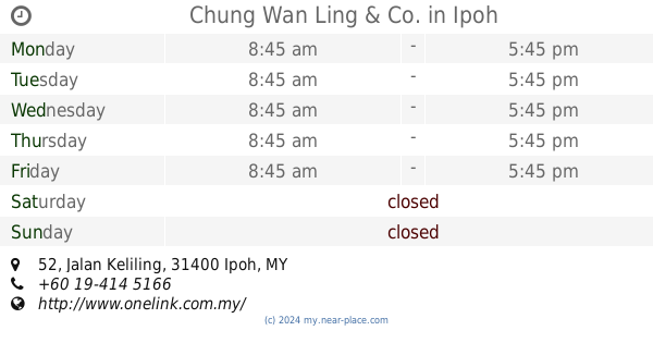 Chung Wan Ling Co Ipoh Opening Times 52 Jalan Keliling Tel 60 19 414 5166